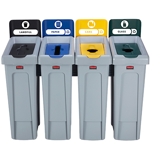 Statie colectare selectiva deseuri Slim Jim - 4 containere cu capace (negru/albastru/galben/verde) - Rubbermaid