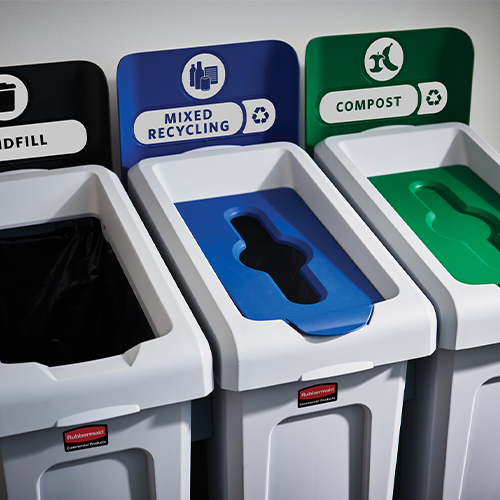 Statie colectare selectiva deseuri Slim Jim - 4 containere cu capace (negru/albastru/galben/verde) - Rubbermaid